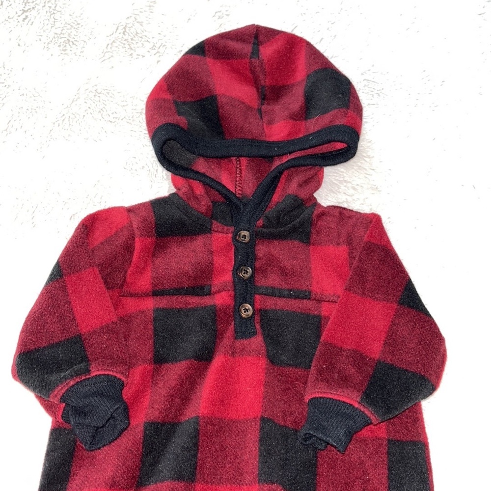 George fuzzy hooded footie sleeper plaid red and black - Picture 2 of 4